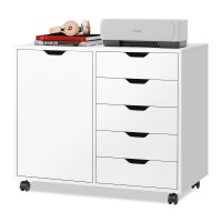 Devaise 5-Drawer Wood Dresser Chest With Door, Mobile Storage Cabinet, Printer Stand For Home Office