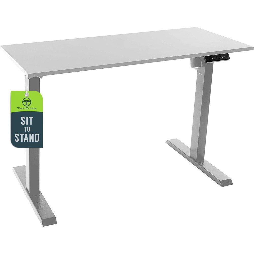 Techorbits Electric Standing Desk Frame With 47 X 24 Tabletop - Motorized Workstation Two Leg Stand Up Desk With Memory Settings And Telescopic Sit Stand Height Adjustment (Grey Frame/White Top)