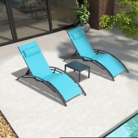 Purple Leaf Patio Chaise Lounge Set Of 3 Outdoor Lounge Chair Beach Pool Sunbathing Lawn Lounger Recliner Chiar Outside Tanning Chairs With Arm For All Weather, Side Table Included, Turquoise Blue