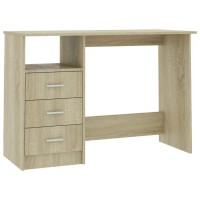 Vidaxl Engineered Wood Desk With Three Drawers And Open Compartment, Sturdy And Durable Home Office Furniture, Sonoma Oak Finish, 43.3