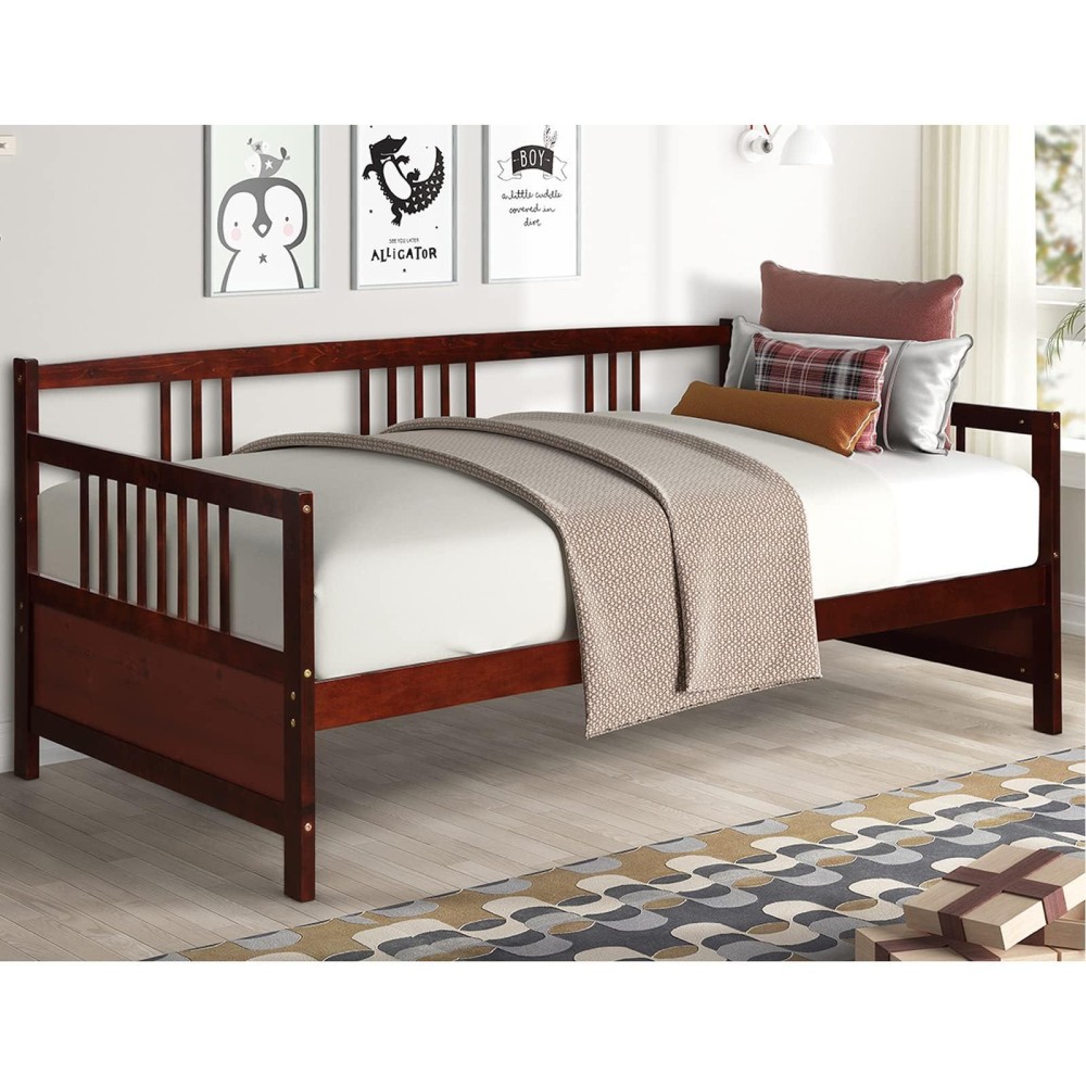 Giantex Twin Daybed Frame, Wooden Sofa Bed Guest Bed With Rails & Wood Slat Support, Dual-Use Twin Size Platform Bed Frame For Living Room Bedroom, No Box Spring Needed, Cherry