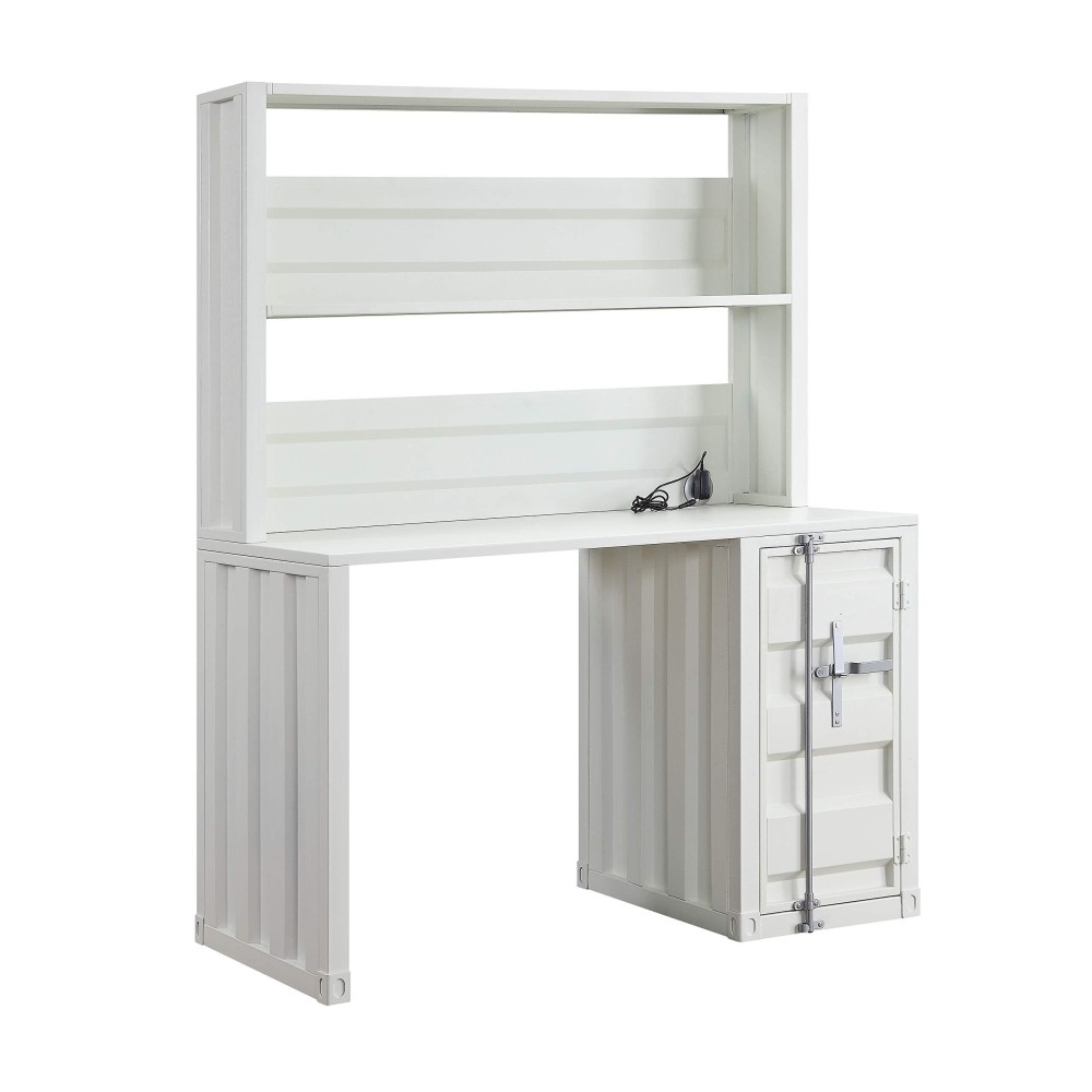 Benjara Metal Base Desk And Hutch With Slated Pattern And Storage Compartment, White