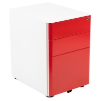 Modern 3Drawer Mobile Locking Filing Cabinet with AntiTilt Mechanism LetterLegal Drawer White with Red Faceplate