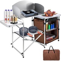 Vevor Camping Kitchen Table, Aluminum Portable Folding Camp Cook Station With Windscreen, Cupboard, Storage Organizer, Carrying Bag, Quick Installation For Outdoor Picnic Beach Bbq Rv Traveling, Brown