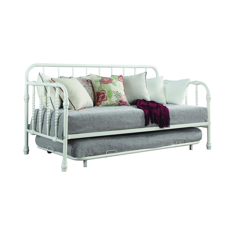 Benjara Transitional Metal Spinde Design Daybed With Trundle, White