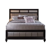 Benjara Leatherette Queen Size Bed With Crystal Inlay Headboard, Black And Gray