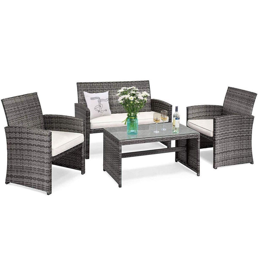 Tangkula 4 Pcs Wicker Patio Conversation Set, Outdoor Rattan Sofas With Table Set, Patio Furniture Set With Soft Cushions & Tempered Glass Coffee Table For Poolside Courtyard Balcony