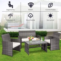 Tangkula 4 Pcs Wicker Patio Conversation Set, Outdoor Rattan Sofas With Table Set, Patio Furniture Set With Soft Cushions & Tempered Glass Coffee Table For Poolside Courtyard Balcony