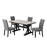 Classic 5 Piece Dining Set 1 Dining Table Faux Marble 4 Linen Grey Chairs Tufted Buttons and Nailhead Trim