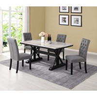 Classic 5 Piece Dining Set 1 Dining Table Faux Marble 4 Linen Grey Chairs Tufted Buttons and Nailhead Trim