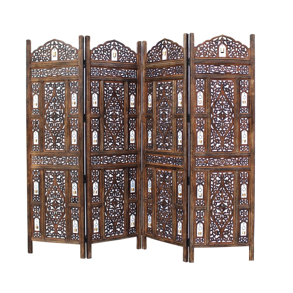 Room Divider Wood Screen - Ghanti Bells Antique Brown - 4 Panel Folding 72 X 80 - Assembled Hand Carved Decorative Functional Versatile Portable Partition Reversible Privacy Boho - Cotton Craft