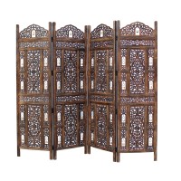 Room Divider Wood Screen - Ghanti Bells Antique Brown - 4 Panel Folding 72 X 80 - Assembled Hand Carved Decorative Functional Versatile Portable Partition Reversible Privacy Boho - Cotton Craft