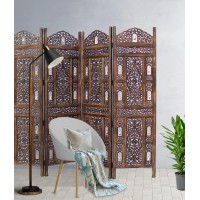 Room Divider Wood Screen - Ghanti Bells Antique Brown - 4 Panel Folding 72 X 80 - Assembled Hand Carved Decorative Functional Versatile Portable Partition Reversible Privacy Boho - Cotton Craft