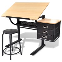vidaXL Three Drawers Tiltable Tabletop Drawing Table with Stool 20088