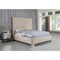 Beige Panel Bed in Velvet Fabric w Nailhead California King