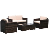 Outsunny 4 Piece Wicker Patio Furniture Set With Cushions Outdoor Sectional Furniture With 2 Sofa Loveseat And Glass Top Coff