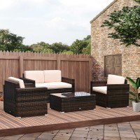 Outsunny 4 Piece Wicker Patio Furniture Set With Cushions Outdoor Sectional Furniture With 2 Sofa Loveseat And Glass Top Coff