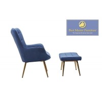 Best Master Furniture West China Velvet Accent Chair and Ottoman Set in Blue