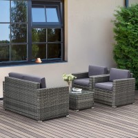 Outsunny 4 Piece Wicker Patio Furniture Set With Cushions, Outdoor Sectional Furniture With 2 Sofa, Loveseat, And Glass Top Coffee Table, Conversation Sofa Sets For Garden, Gray