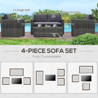 Outsunny 4 Piece Wicker Patio Furniture Set With Cushions, Outdoor Sectional Furniture With 2 Sofa, Loveseat, And Glass Top Coffee Table, Conversation Sofa Sets For Garden, Gray