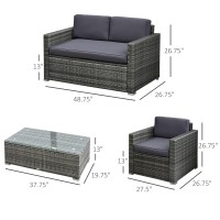 Outsunny 4 Piece Wicker Patio Furniture Set With Cushions, Outdoor Sectional Furniture With 2 Sofa, Loveseat, And Glass Top Coffee Table, Conversation Sofa Sets For Garden, Gray