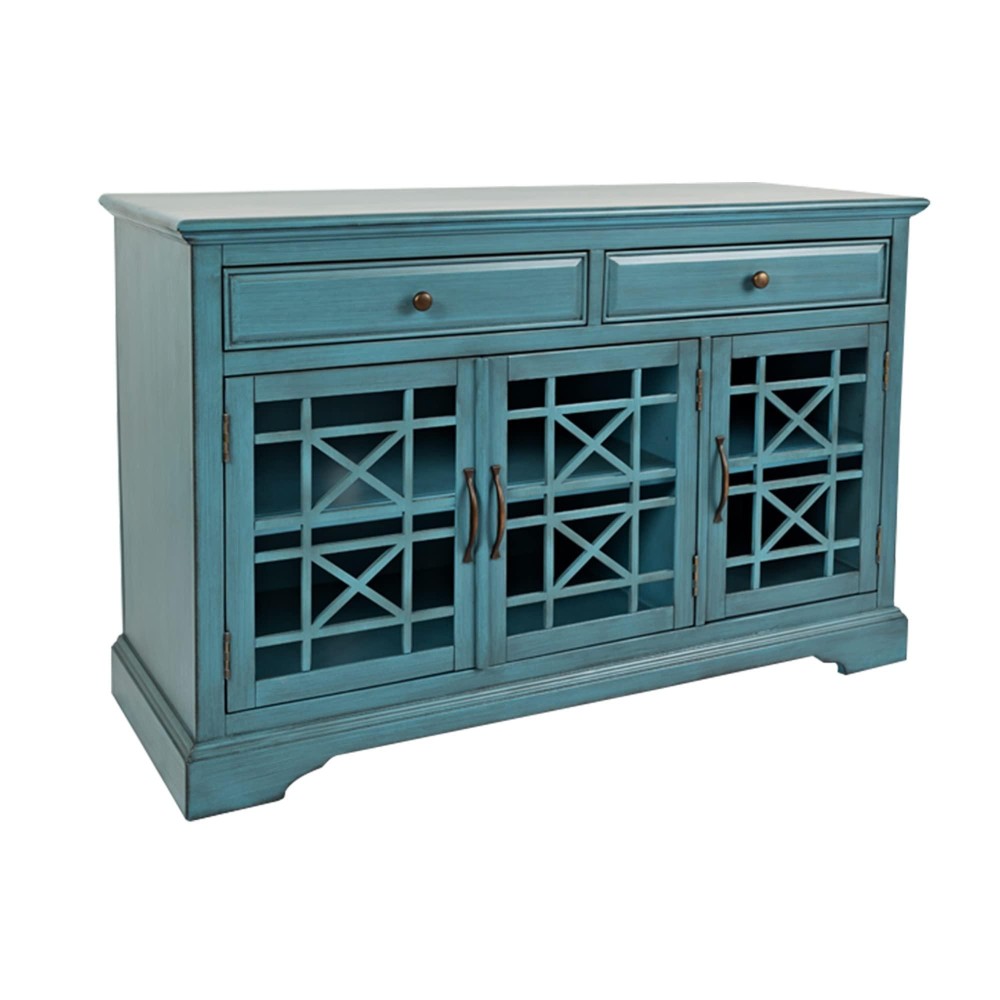 Benjara Wooden Media Unit With 2 Drawers And 3 Doors With X Motif Details, Blue