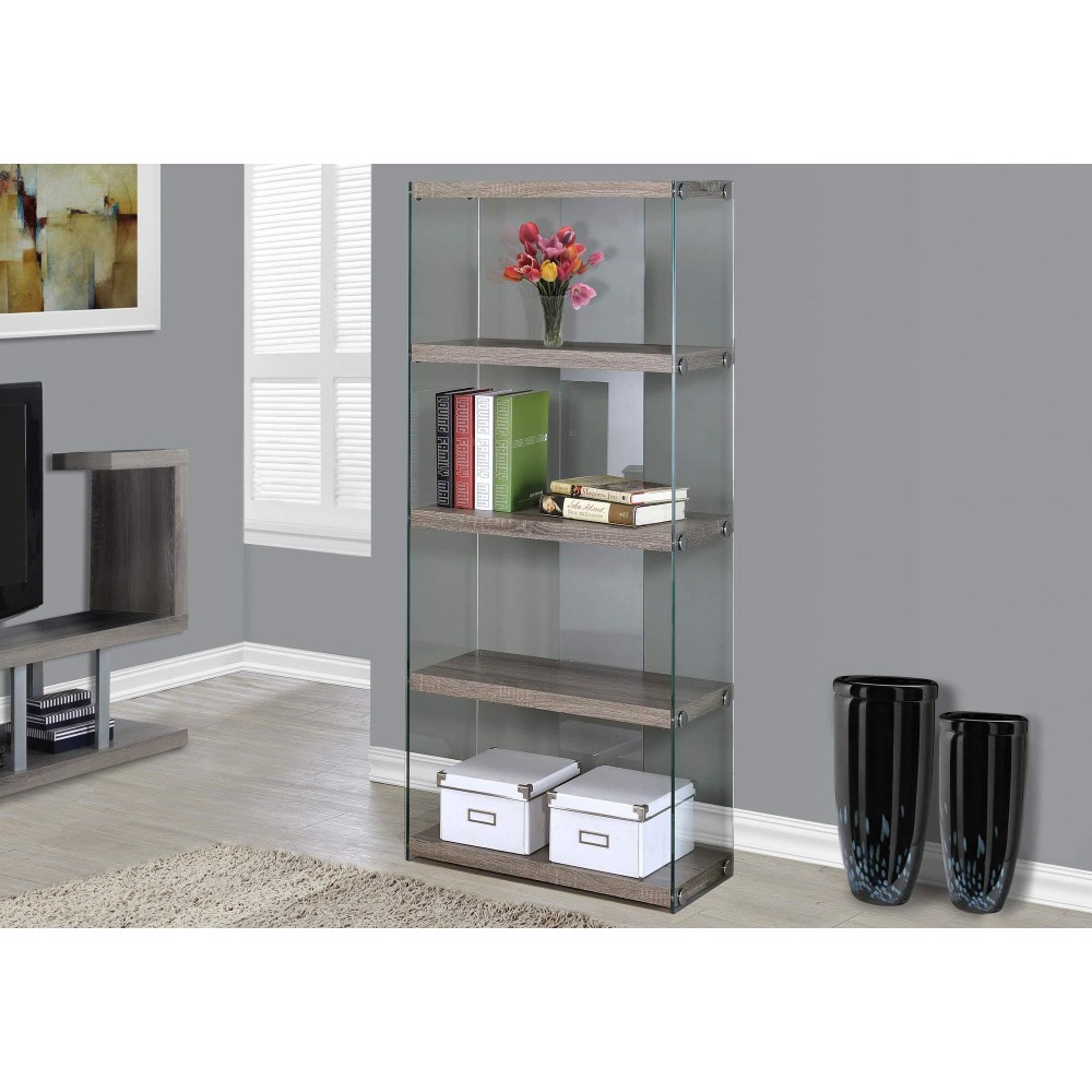 Homeroots Office 60-Inch Particle Board And Clear Tempered Glass Bookcase