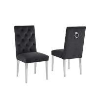 BlackVelvet Tufted Dining Side Chairs Chrome Set of 2