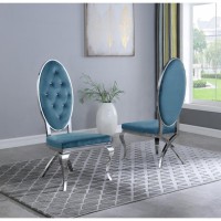 Teal Blue Velvet Faux Crystal Dining Side Chairs Stainless Steel Set of 2