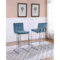 27 Tufted Velvet Upholstered Bar Stool in Teal Blue Set of 2