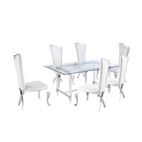 Tempered Glass 7 Piece Dining Set Table Acrylic and Dining Chairs Stainless Steel in White Faux Leather