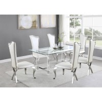 Tempered Glass 7 Piece Dining Set Table Acrylic and Dining Chairs Stainless Steel in White Faux Leather