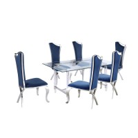 Tempered Glass 7 Piece Dining Set Table Acrylic and Dining Chairs Stainless Steel in Navy Blue Velvet