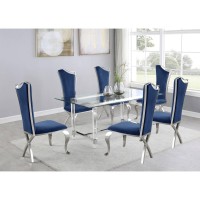 Tempered Glass 7 Piece Dining Set Table Acrylic and Dining Chairs Stainless Steel in Navy Blue Velvet