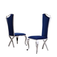 Tempered Glass 7 Piece Dining Set Table Acrylic and Dining Chairs Stainless Steel in Navy Blue Velvet