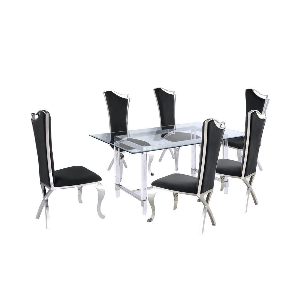 Tempered Glass 7 Piece Dining Set Table Acrylic and Dining Chairs Stainless Steel in Black Velvet