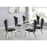 Tempered Glass 7 Piece Dining Set Table Acrylic and Dining Chairs Stainless Steel in Black Velvet