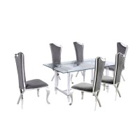 Tempered Glass 7 Piece Dining Set Table Acrylic and Dining Chairs Stainless Steel in Dark Gray Velvet