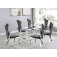 Tempered Glass 7 Piece Dining Set Table Acrylic and Dining Chairs Stainless Steel in Dark Gray Velvet