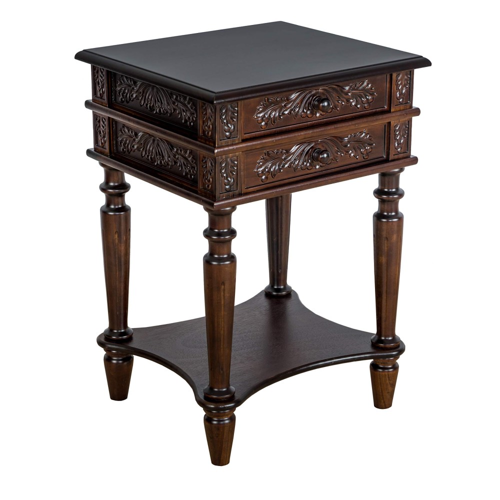 Benjara 2 Drawer End Table With Intricate Carvings And Open Bottom Shelf, Brown