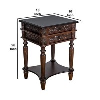 Benjara 2 Drawer End Table With Intricate Carvings And Open Bottom Shelf, Brown