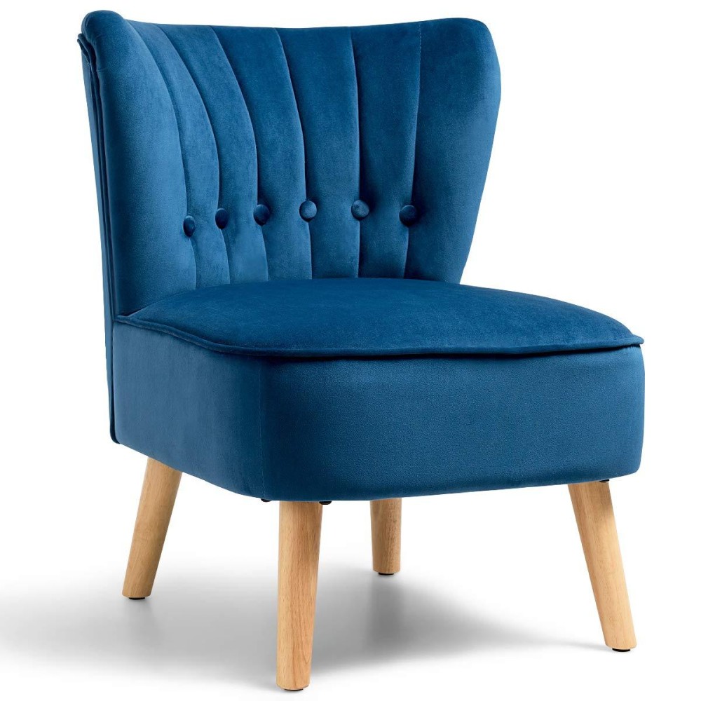 Giantex Modern Velvet Accent Chair, Small Upholstered Leisure Sofa Chair w/Wood Legs, Thickly Padded and Button Tufted, Armless Wingback Club Chairs for Living Room Bedroom Furniture (1, Blue)