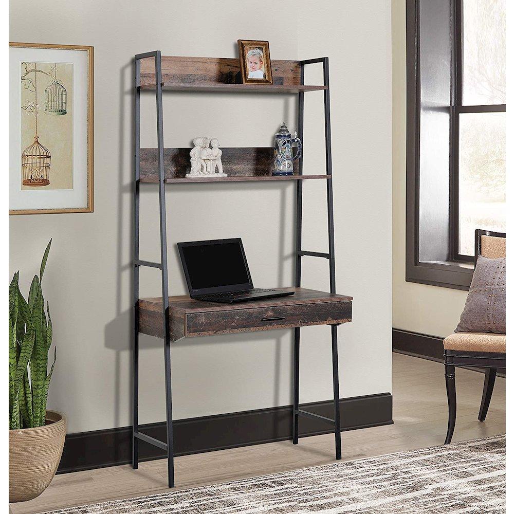 OS Home and Office Furnitur Ladder Style Desk with Drawer and Two Shelves with Metal Uprights