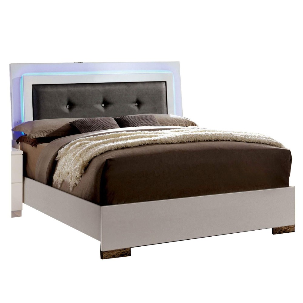 Benjara Contemporary Full Bed With Led Trim And Lacquer Coating, White And Gray