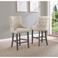 24 Tufted Linen Bar Stools in Beige Set of 2 Beige