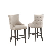 24 Tufted Linen Bar Stools in Beige Set of 2 Beige