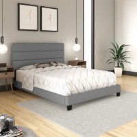 Boyd Sleep Ravenna Upholstered Linen Tri-Panel Channel Headboard Platform Bed Frame  Queen  Gray