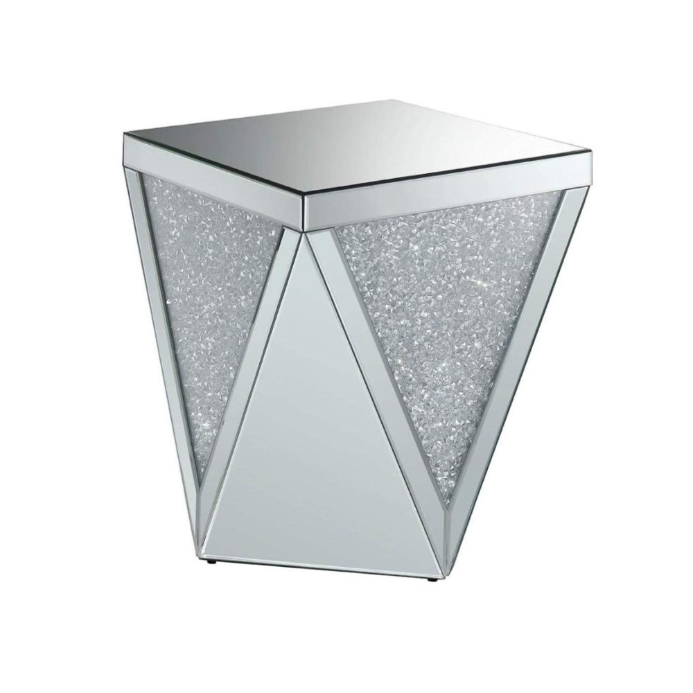 Benjara Wooden End Table With Triangular Infused Crystal Details, Silver And Clear