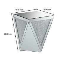 Benjara Wooden End Table With Triangular Infused Crystal Details, Silver And Clear