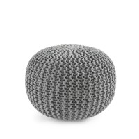 Lane Linen Hand Knitted Cable Style Dori Pouf - Silver Grey, Floor Ottoman - 100% Cotton Braid Cord - Handmade & Hand Stitched - Truly One Of A Kind Seating - 20 Diameter X 14 Height